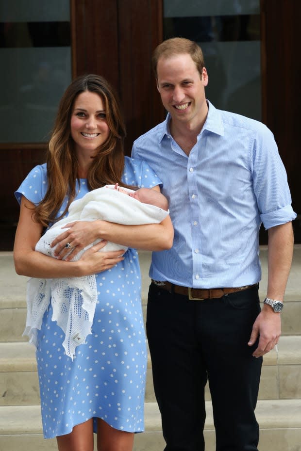 <p>Kate Middleton and Prince William welcomed Prince George on July 22, 2013. Just a day later, the then-Duke and Duchess of Cambridge coordinated in baby blue, with Middleton sporting polka dots once more, to debut their newborn eventual heir.</p><p>Chris Jackson/Getty Images</p>