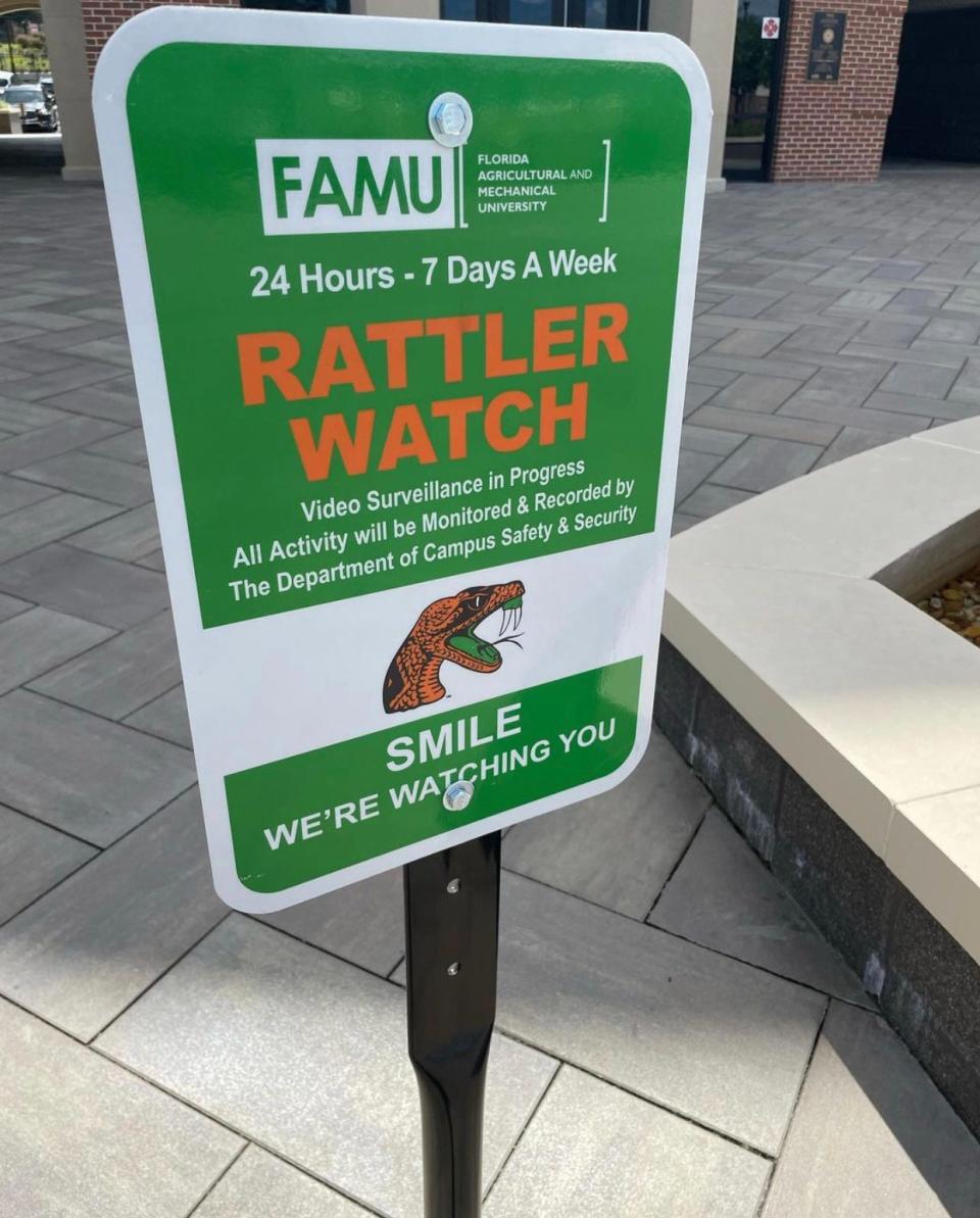 Florida A&M University adds signs on campus, including near the Rattler statue, to send a message out about video surveillance in progress.