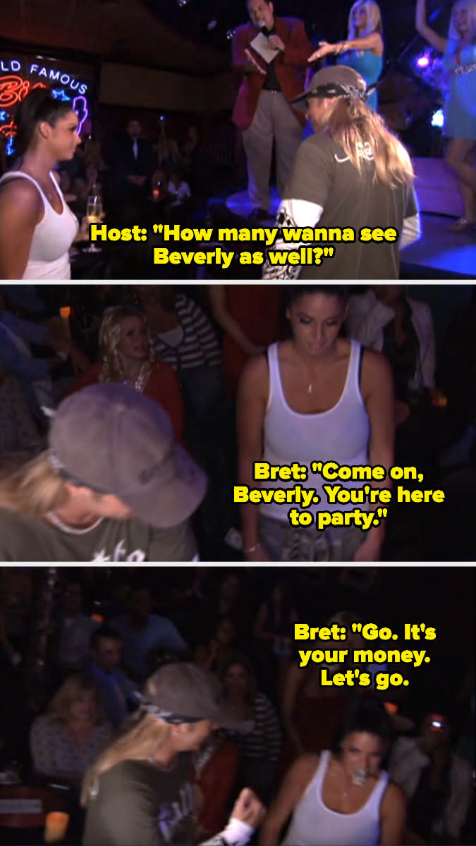 So the host and Bret embarrassed her and forced her on stage.