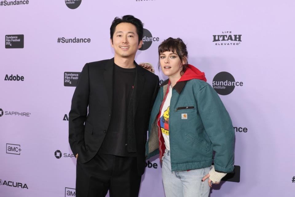 Steven Yeun and Kristen Stewart attend the "Love Me" Premiere during the 2024 Sundance Film Festival at Eccles Center Theatre on January 19, 2024 in Park City, Utah.