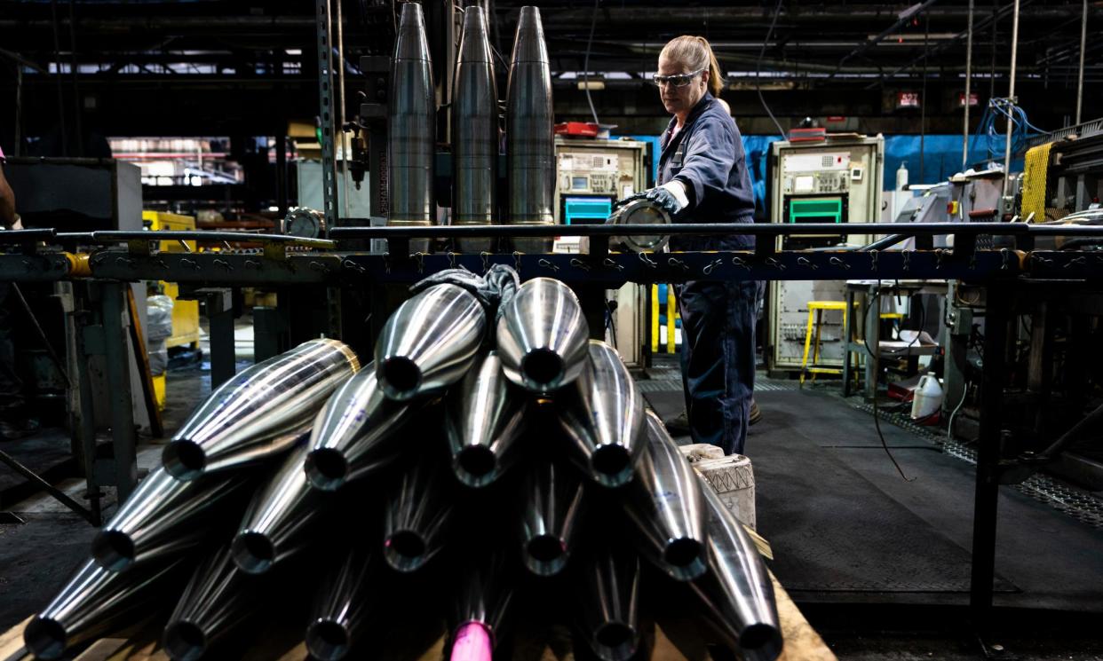 <span>Manufacturing of 155mm artillery projectiles at the Scranton ammunition plant in Pennsylvania. The Pentagon could get weapons moving to Ukraine within days after the House approved $61bn in military aid.</span><span>Photograph: Matt Rourke/AP</span>