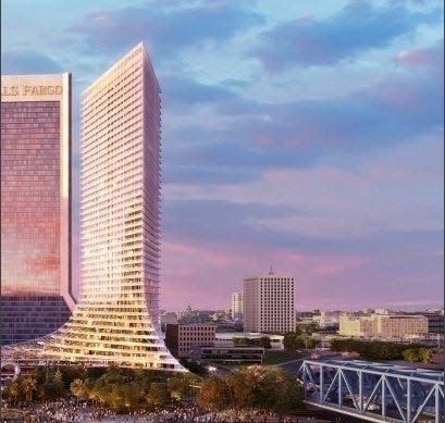 A rendering shows the proposed American Lions apartment tower that would be built on Riverfront Plaza near the Main Street bridge on the downtown Jacksonville riverfront.