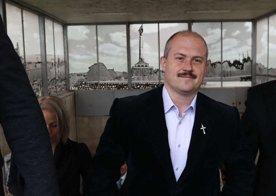 FILE - Marian Kotleba, Chairman of the far-right People's Party Our Slovakia, walks to arrive at the Supreme Court in Bratislava, Slovakia on April 29, 2019. Kotleba leadsi his party "Kotlebovci" to the upcoming early elections that are held in Slovakia on Oct. 30, 2023. (AP Photo/Petr David Josek, File)