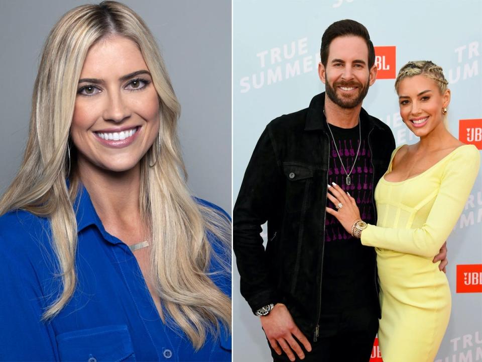 A side-by-side of Christina Hall and Tarek and Heather Rae El Moussa.