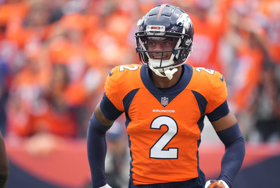 Sep 10, 2023; Denver, Colorado, USA; Denver Broncos cornerback Pat Surtain II (2) reacts in the first quarter against the Denver Broncos at Empower Field at Mile High. Mandatory Credit: Ron Chenoy-USA TODAY Sports