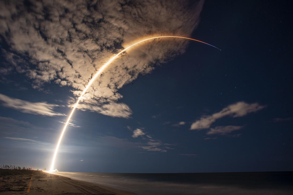  A SpaceX Falcon 9 rocket carrying 54 of the company's Starlink internet satellites lifts off from Florida's Cape Canaveral Space Force Station on Sept. 18, 2022. 