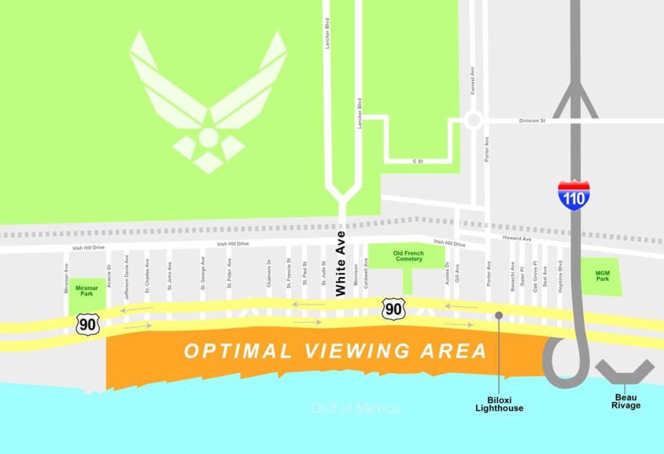 The optimal viewing area for Thunder Over the Sound airshow Saturday and Sunday stretches from the I-110 loop along the Biloxi beach to Miramar Park in Biloxi.