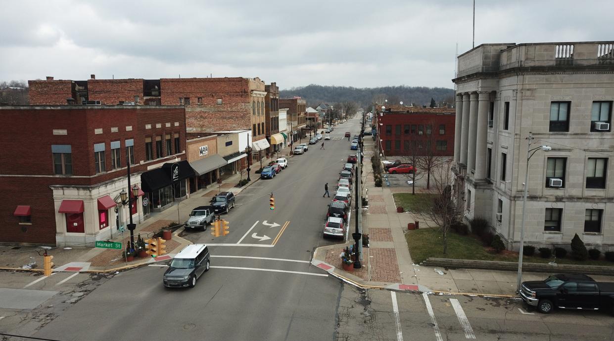 Downtown Logan, Ohio with the Hocking County Courthouse at right.