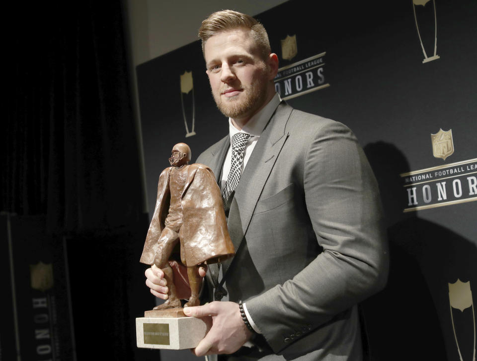 J.J. Watt and the Texans provided an update of Watt's Hurricane Harvey fundraiser, one year after he asked for donations. (AP)