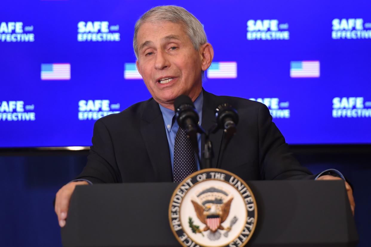 Director of the National Institute of Allergy and Infectious Diseases Anthony Fauci speaks after US Vice President Mike Pence received the COVID-19 vaccine in the Eisenhower Executive Office Building in Washington, DC, December 18, 2020. (Saul Loeb/AFP via Getty Images)