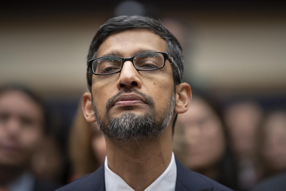 FILE - In this Dec. 11, 2018, file photo, Google CEO Sundar Pichai appears before the House Judiciary Committee to be questioned about the internet giant's privacy security and data collection, on Capitol Hill in Washington. Google attracted concern about its continuous surveillance of users and other concerns bubbled up this month as lawmakers grilled Pichai. (AP Photo/J. Scott Applewhite, File)