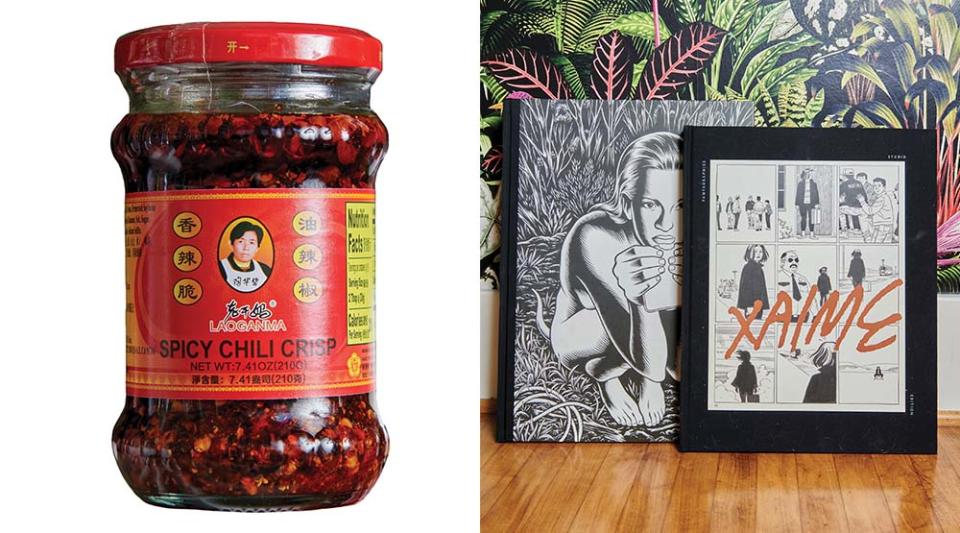 (L-R) Multiple jars of LaoGanMa Spicy Chili Crisp she keeps on hand to give friends: “I once bought so many jars at the Chinese market that the checkout lady said, ‘You know we sell these in large size, right?’ ”, Gao collects Charles Burns’ Black Hole and Jaime Hernandez’s Love and Rockets: “My all-time favorite comic book series,” she says of the latter.