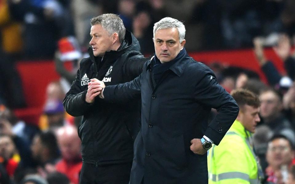 Not the return he wanted: Jose Mourinho, manager of Tottenham Hotspur shakes hands with Ole Gunnar Solskjaer, manager of Manchester United - Getty Images Europe