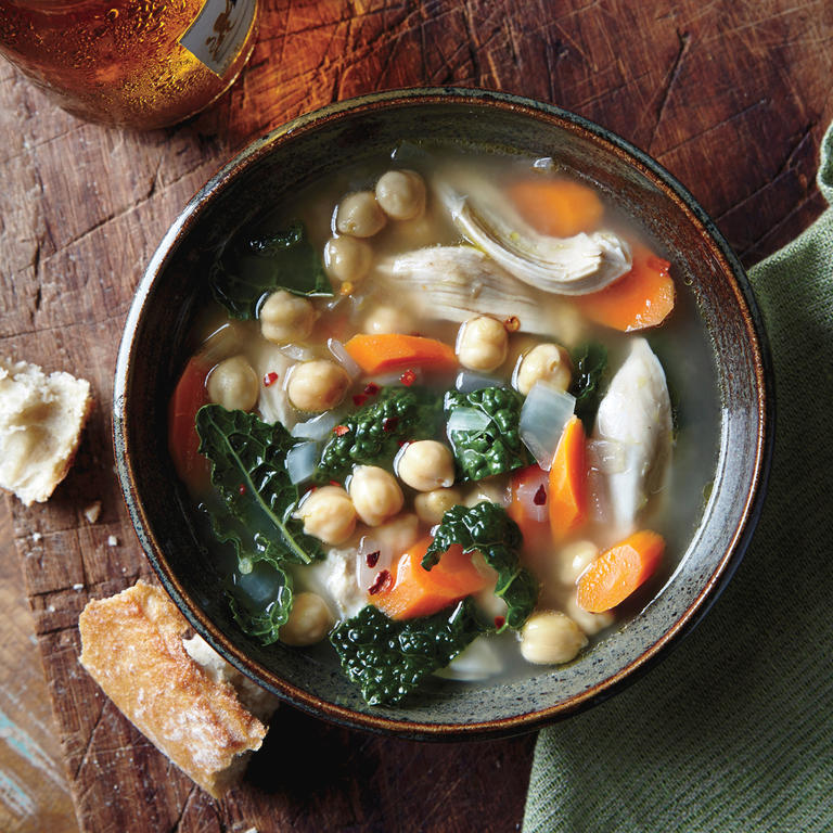 Onion, Kale, Chickpea, and Chicken Soup