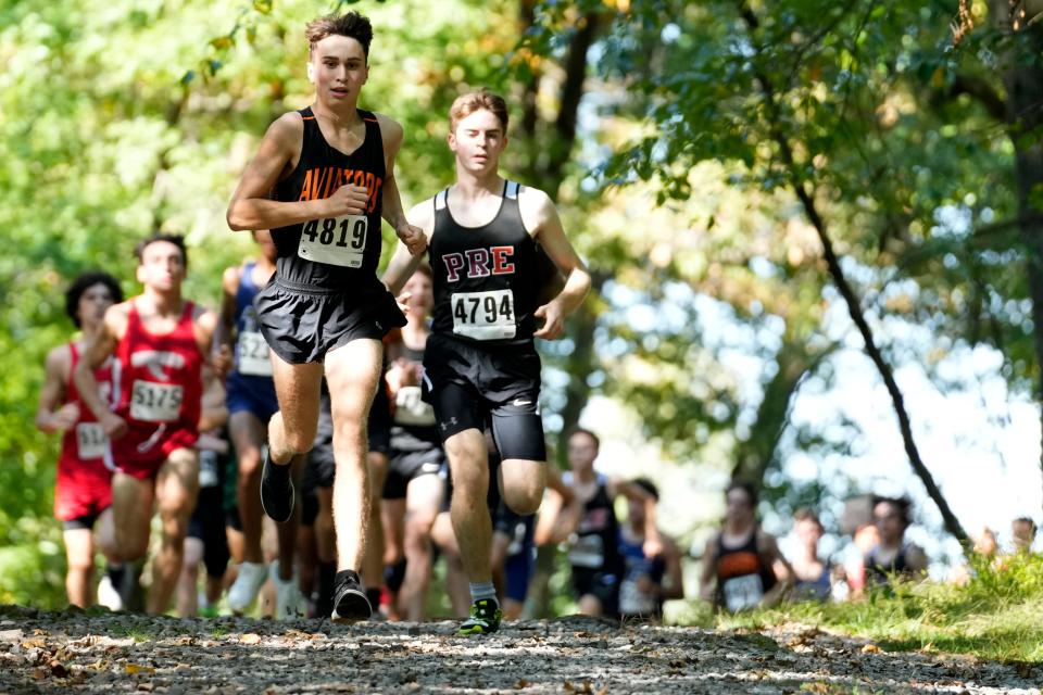 Aidan Morrow (4819), of Hasbrouck Heights, and others are shown during the Meadowlands Boys NJIC Divisional Championship. Morrow would finish in first place with a time of 17:00, Wednesday, October 4, 2023.