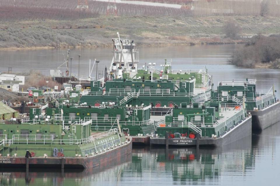 Empty barges and a tugboat sat idle on the Snake River near Pasco while the navigation locks on the Snake and Columbia rivers were shut down in 2011 for maintenance and a replacement lock gate at Lower Monumental Dam.