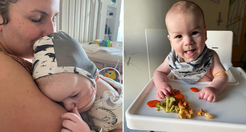 Melissa Norton holding in Henry in hospital after the doctor's diagnosis and Henry sitting in high high chair eating food.