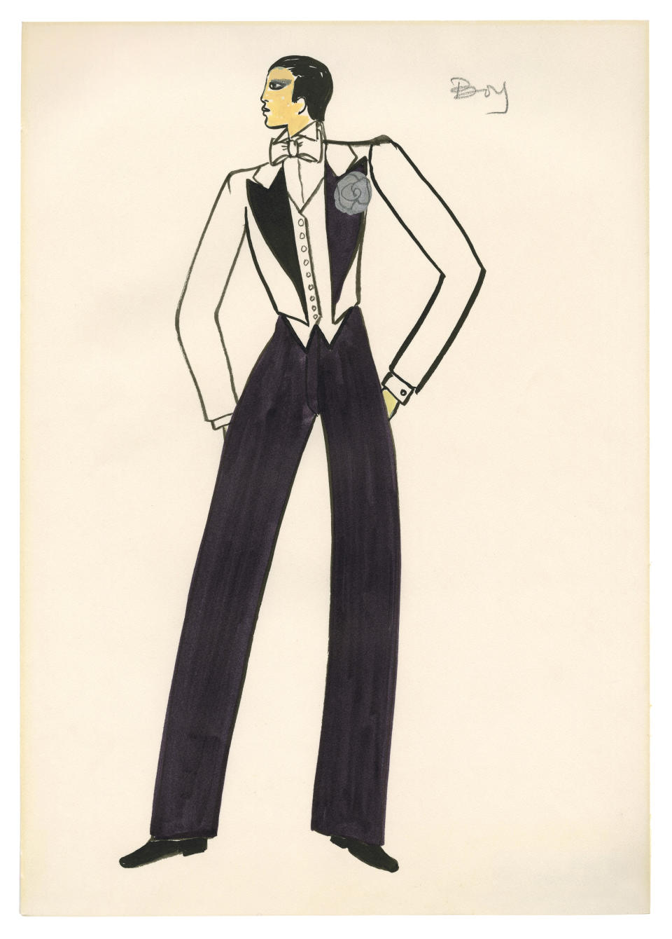 Sketch of a costume for the Night and Day act from the music-hall show Zizi Je t'aime!, directed by Roland Petit at the Casino de Paris, 1972. © Fondation Pierre Bergé — Yves Saint Laurent