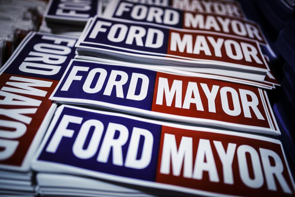 Stickers are seen at Toronto Mayor Rob Ford's campaign launch party in Toronto