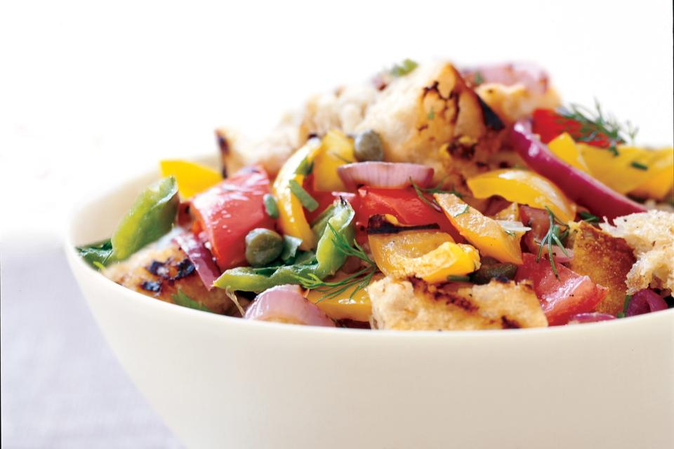 Grilled Panzanella Salad with Bell Peppers, Summer Squash, and Tomatoes