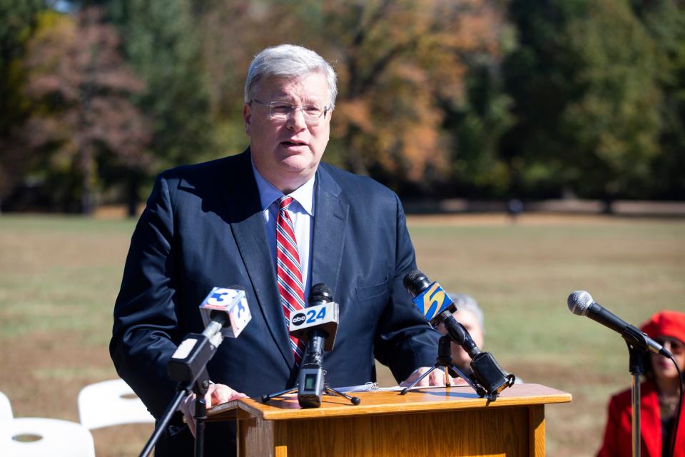Mayor Jim Strickland speaks during a press conference to discuss the $3 million in federal Community Project funding Cohen secured for the Overton Park-Memphis Zoo Parking Solution Initiative in Memphis, Tenn., on Tuesday, October 31, 2023.