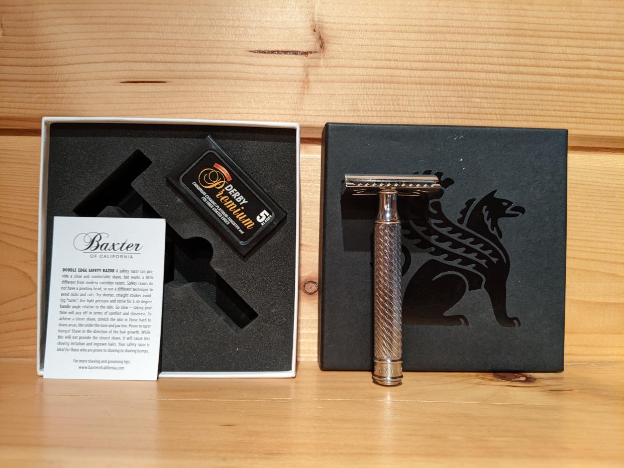 Baxter of California Safety Razor with box and Derby Premium razor blades