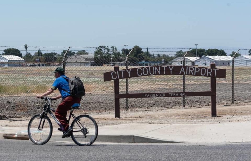 Modesto Airport sign from time when the airport offered passenger service. Photographed in Modesto, Calif., on Tuesday, July, 28, 2015.