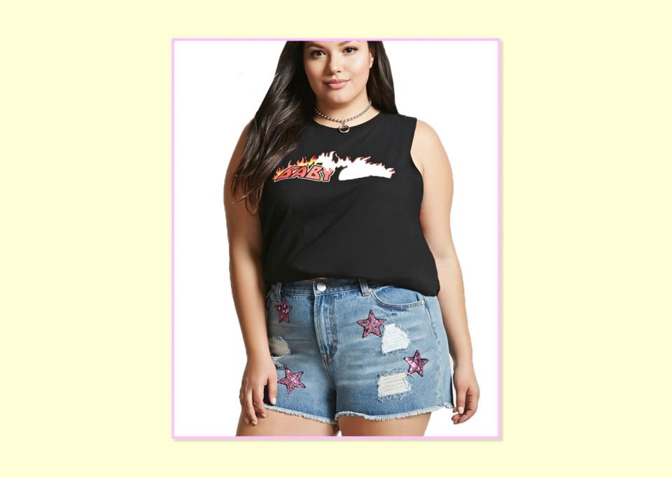 <p>$23, <a rel="nofollow noopener" href="http://www.forever21.com/Product/Product.aspx?BR=plus&Category=plus_size-bottom-shorts&ProductID=2000322406&VariantID" target="_blank" data-ylk="slk:Forever 21;elm:context_link;itc:0;sec:content-canvas" class="link ">Forever 21 </a> </p>