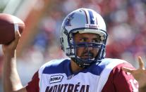 Montreal Alouettes' quarterback Anthony Calvillo in action against the Calgary Stampeders during first half CFL acton in Calgary on Friday July 1st, 2011. CFL PHOTO-Larry MacDougal