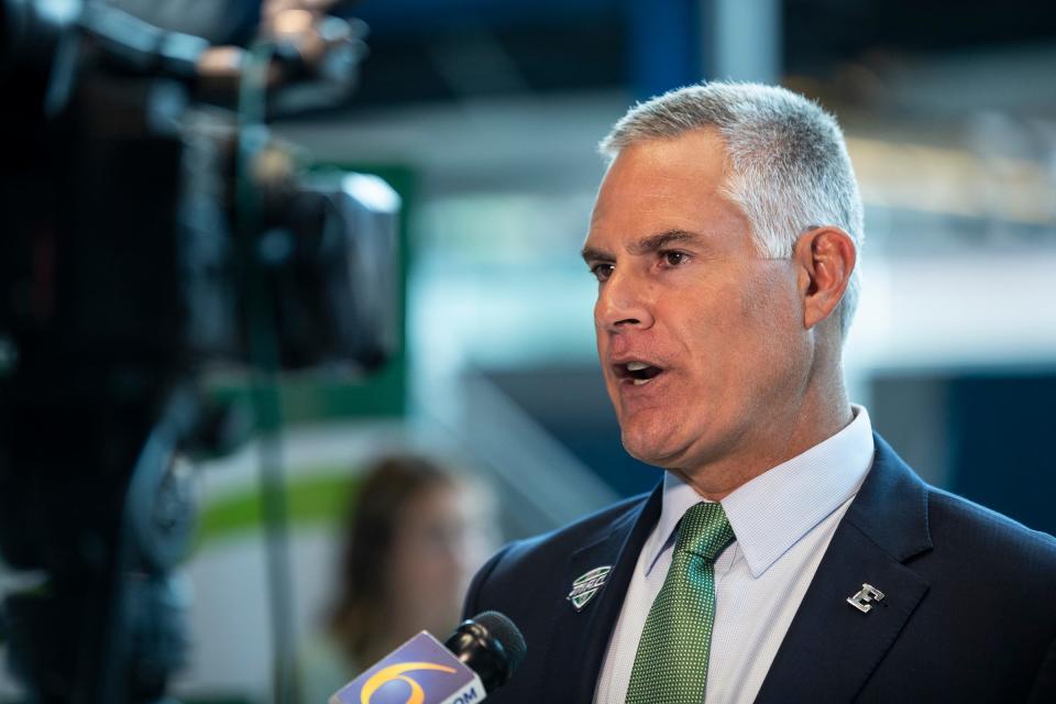 Easter Michigan head football coach Chris Creighton talks to reporters during the MAC football media day at Ford Field on Tuesday, July 20, 2021.