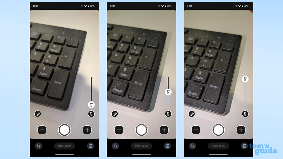 Screenshots showing the Google Magnifier app's flashlight brightness settings