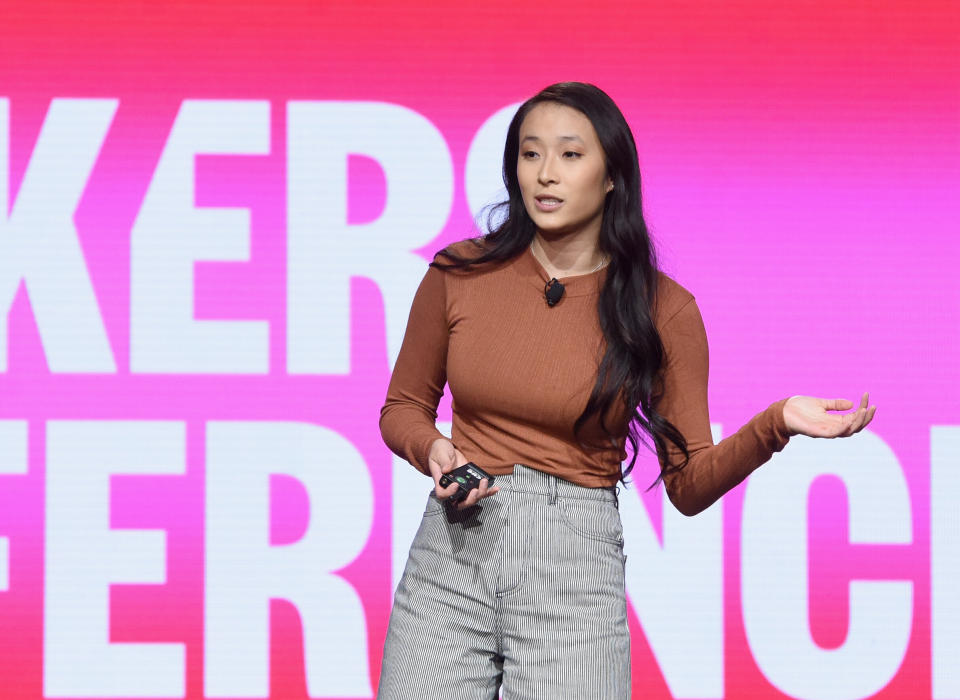 DANA POINT, CA - FEBRUARY 07: Founder & Executive Director, PERIOD.org  Nadya Okamoto speaks onstage during The 2019 MAKERS Conference at Monarch Beach Resort on February 7, 2019 in Dana Point, California.  (Photo by Vivien Killilea/Getty Images for MAKERS)