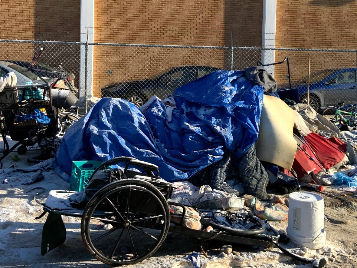 A camp set up north of downtown Edmonton in January 2023.  (Trevor Wilson/CBC - image credit)