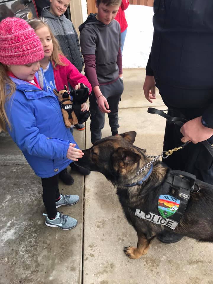 Emma Mertens received a visit from police dogs from across the state on March 9.