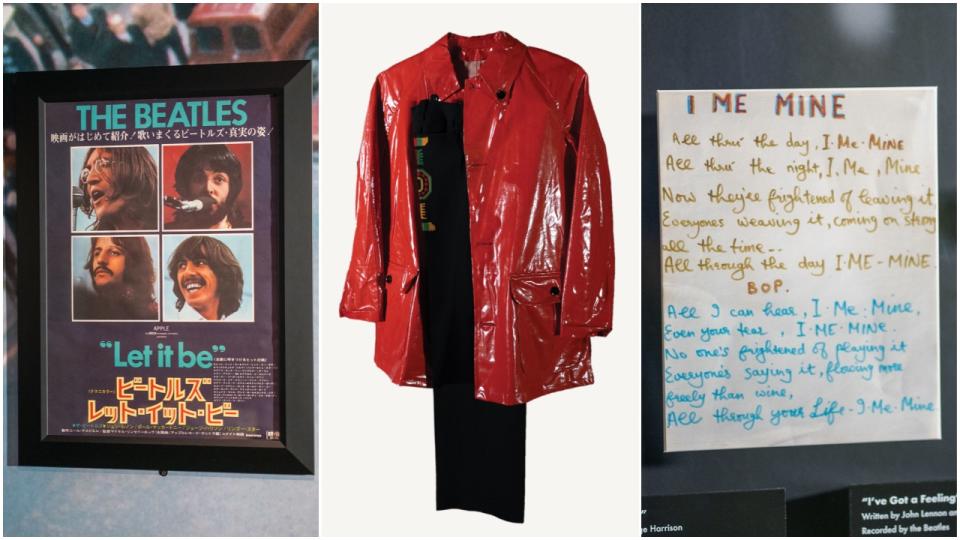 From the Beatles’ ‘Get Back to Let It Be’ exhibit at the Rock & Roll Hall of Fame in Cleveland: A Japanese movie poster, Ringo Starr’s rain jacket from the rooftop concert, George Harrison’s handwritten lyrics - Credit: Courtesy the Rock & Roll Hall of Fame