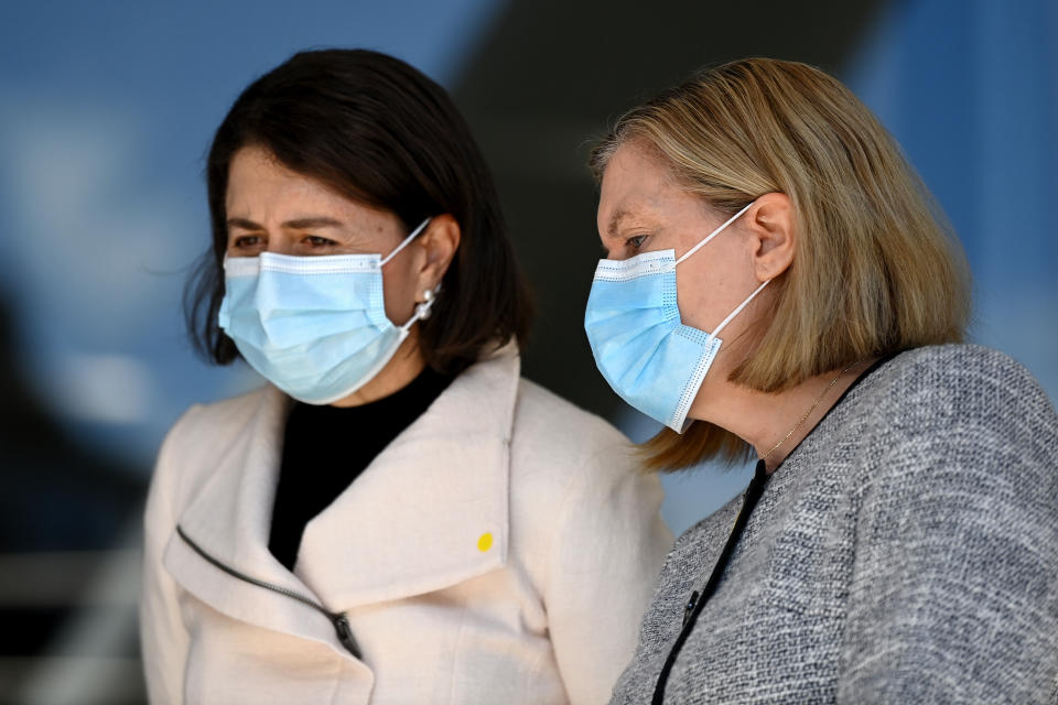 NSW Premier Gladys Berejiklian (left) speaks to NSW Chief Health Officer Dr Kerry Chant during a COVID-19 press conference in Sydney, Thursday, July 15, 2021.