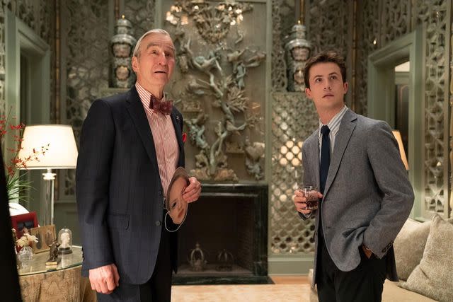 <p>Everett </p> Sam Waterston as George Shultz, Dylan Minnette as Tyler Shultz in 'The Dropout'