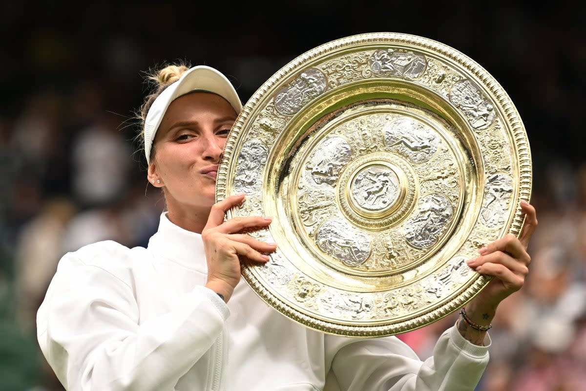 History made: Marketa Vondrousova is the first unseeded player ever to lift the Venus Rosewater Dish (REUTERS)