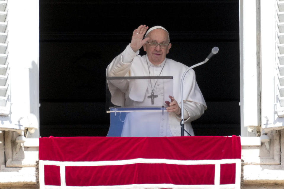 Pope Francis delivers his blessing as he recites the Regina Coeli noon prayer from the window of his studio overlooking St.Peter's Square, at the Vatican, Sunday, April 16, 2023. (AP Photo/Andrew Medichini)