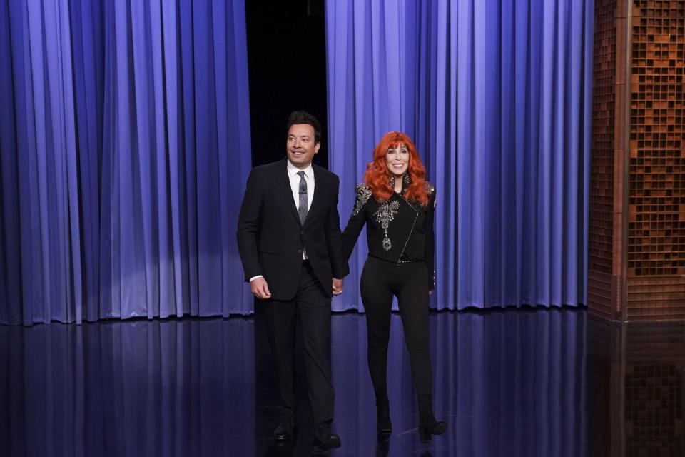 <p>In an embellished jacket with black skinny jeans and boots for an appearance on the Tonight Show Starring Jimmy Fallon. </p>