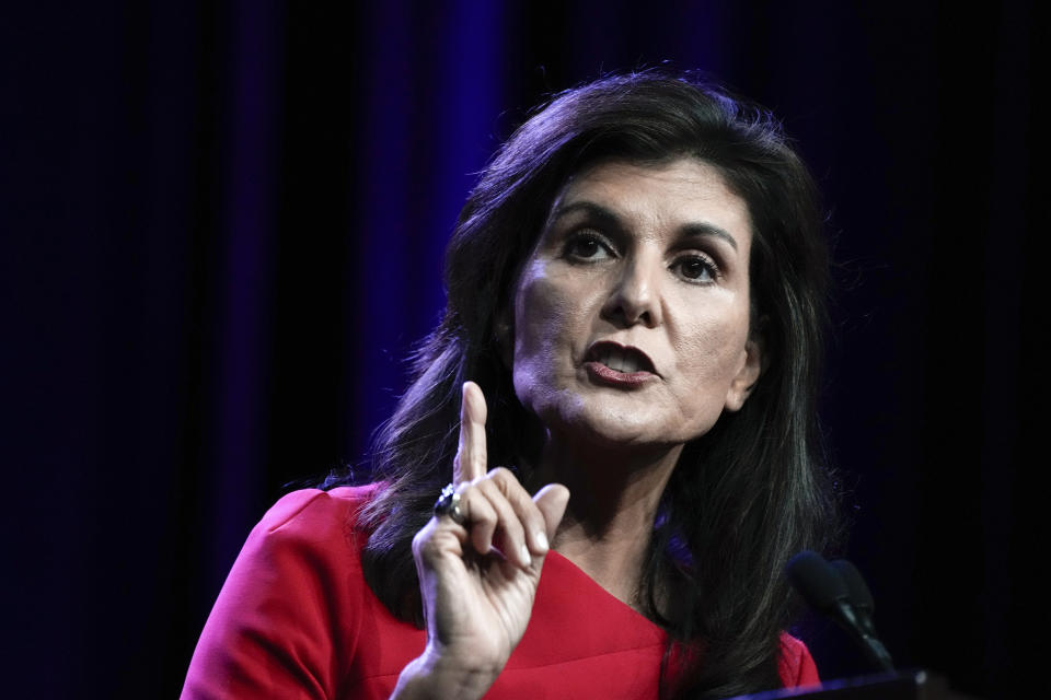 Republican presidential candidate former U.N. Ambassador Nikki Haley speaks at the Republican Party of Iowa's 2023 Lincoln Dinner in Des Moines, Iowa, Friday, July 28, 2023. (AP Photo/Charlie Neibergall)