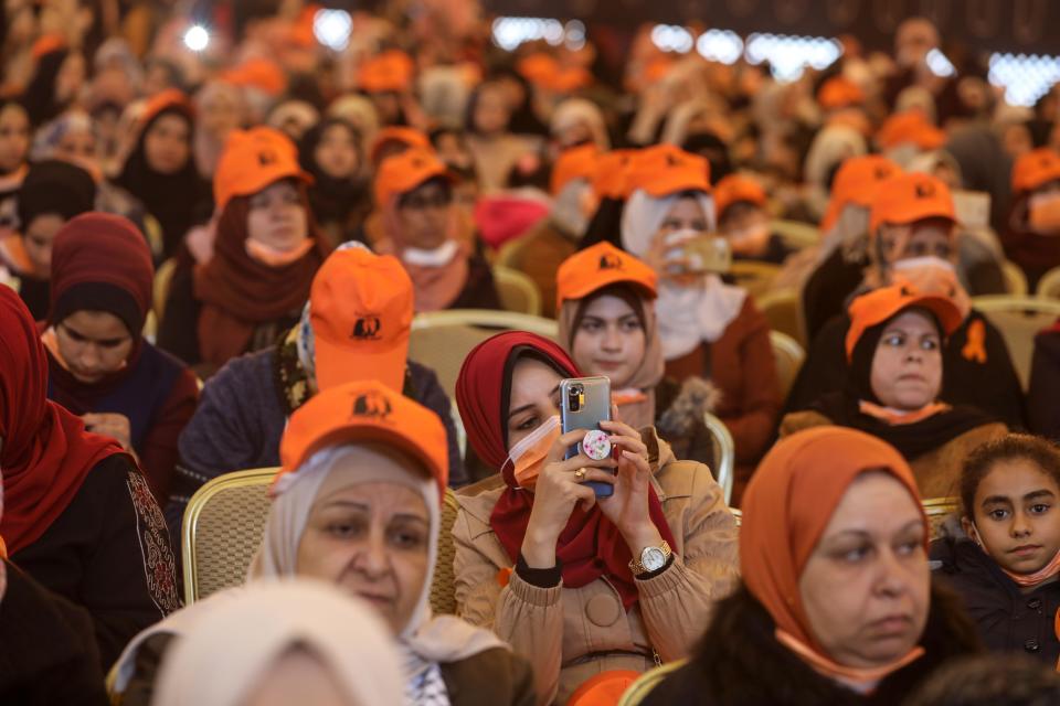 Palestinian women participate in the launch event of the16 Days of Activism against Gender-based Violence in Gaza City, on December 1 2021. (Photo by Majdi Fathi/NurPhoto)