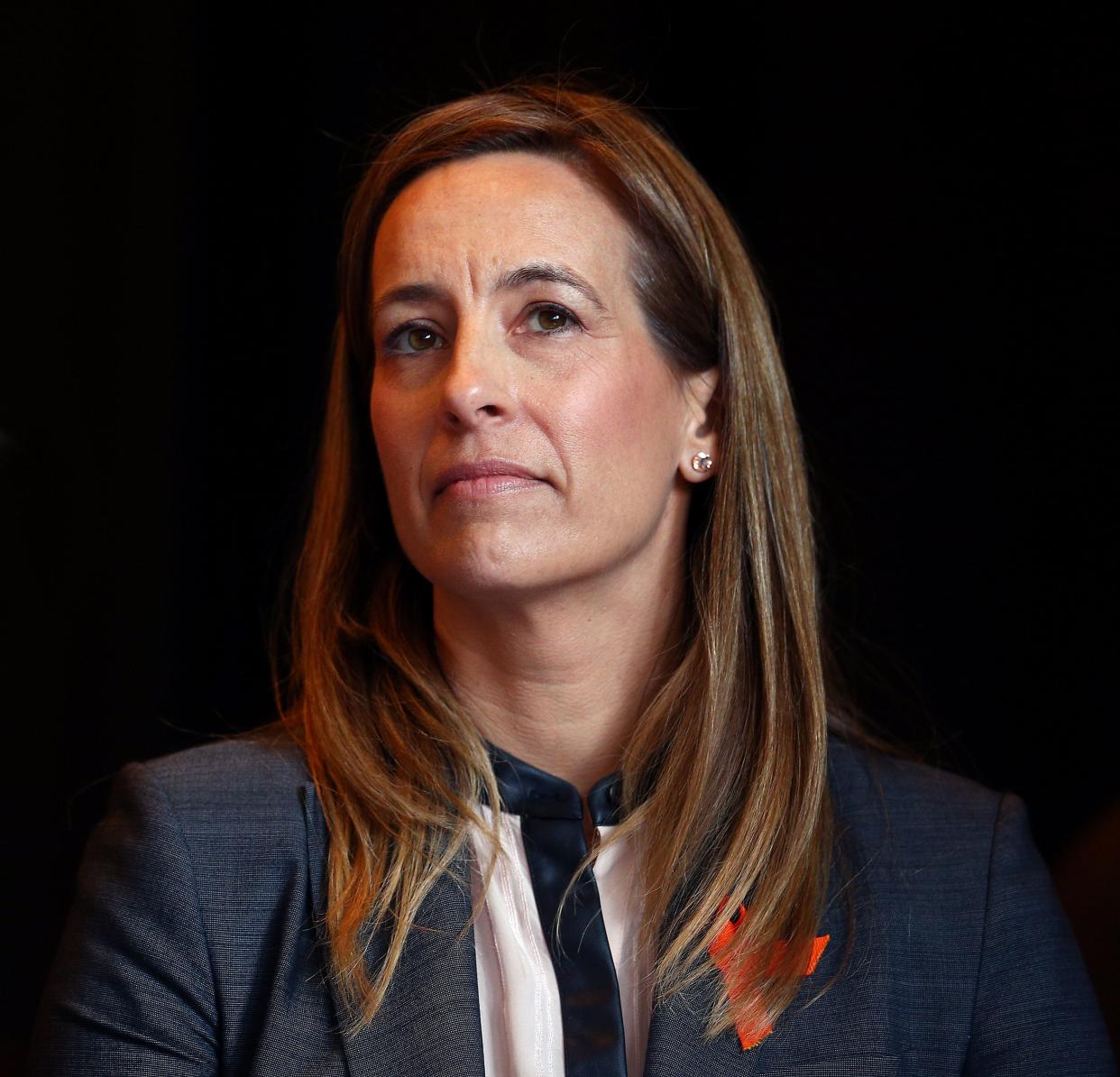 Mikie Sherrill of Upper Montclair gives her opening statement during the March for Our Lives - Morristown NJ District 11 Town Hall at Thomas Jefferson Elementary School. April 6, 2018. Morristown, NJ.