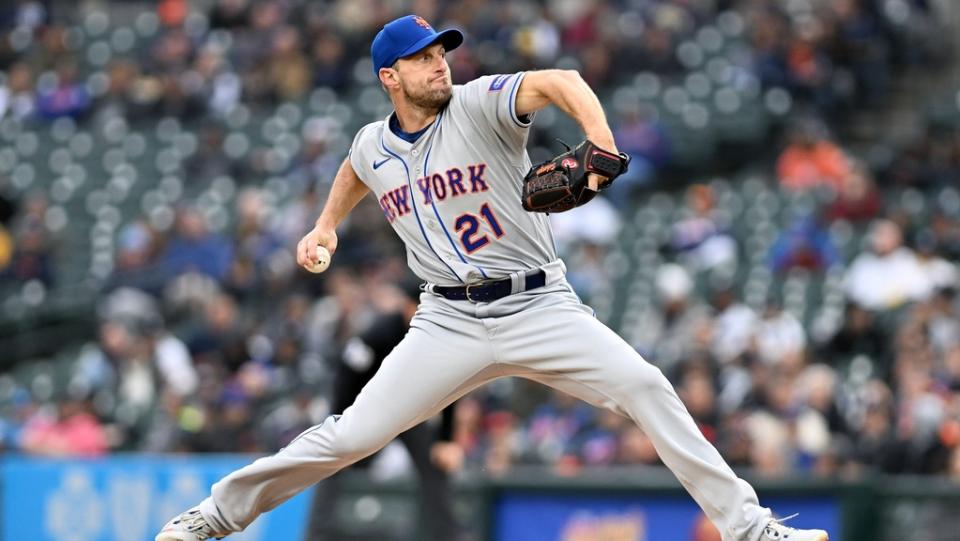 May 3, 2023;  Detroit, Michigan, USA;  New York Mets starting pitcher Max Scherzer (21) throws a pitch against the Detroit Tigers in the second inning at Comerica Park.