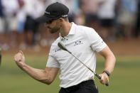 Patrick Rodger celebrates after a eagle on the ninth hole during the final round of the RBC Heritage golf tournament, Sunday, April 21, 2024, in Hilton Head Island, S.C. (AP Photo/Chris Carlson)