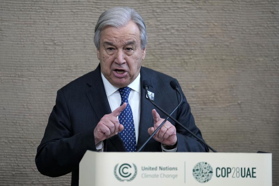 United Nations Secretary-General Antonio Guterres speaks during a news conference at the COP28 U.N. Climate Summit, Monday, Dec. 11, 2023, in Dubai, United Arab Emirates. (AP Photo/Kamran Jebreili)