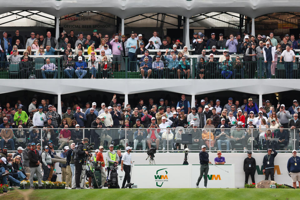 SCOTTSDALE, ARIZONA - FEBRUARY 09: Justin Thomas of the United States plays his shot from the 16th tee as fans look on during the second round of the WM Phoenix Open at TPC Scottsdale on February 09, 2024 in Scottsdale, Arizona. (Photo by Christian Petersen/Getty Images)