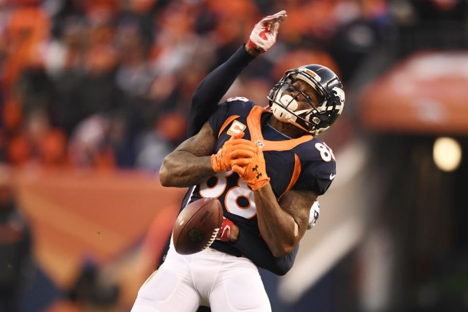 <p>Eric Rowe (25) of the New England Patriots breaks up a pass intended for Demaryius Thomas (88) of the Denver Broncos during the third quarter on Sunday, December 18, 2016. The Denver Broncos hosted the New England Patriots. (Photo by John Leyba/The Denver Post via Getty Images) </p>