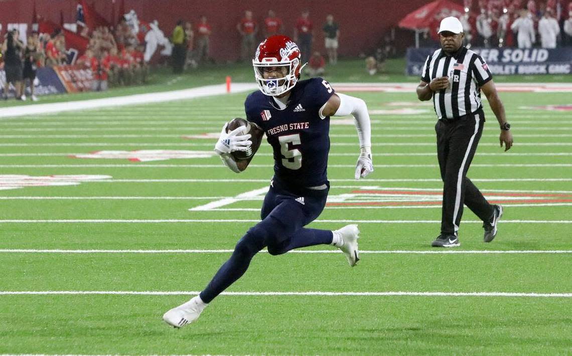 Fresno State’s Jalen Cropper worked primarily as a slot receiver in a productive 2021 season. This year, he moves outside where the Bulldogs are expected to try and take more advantage of his speed.