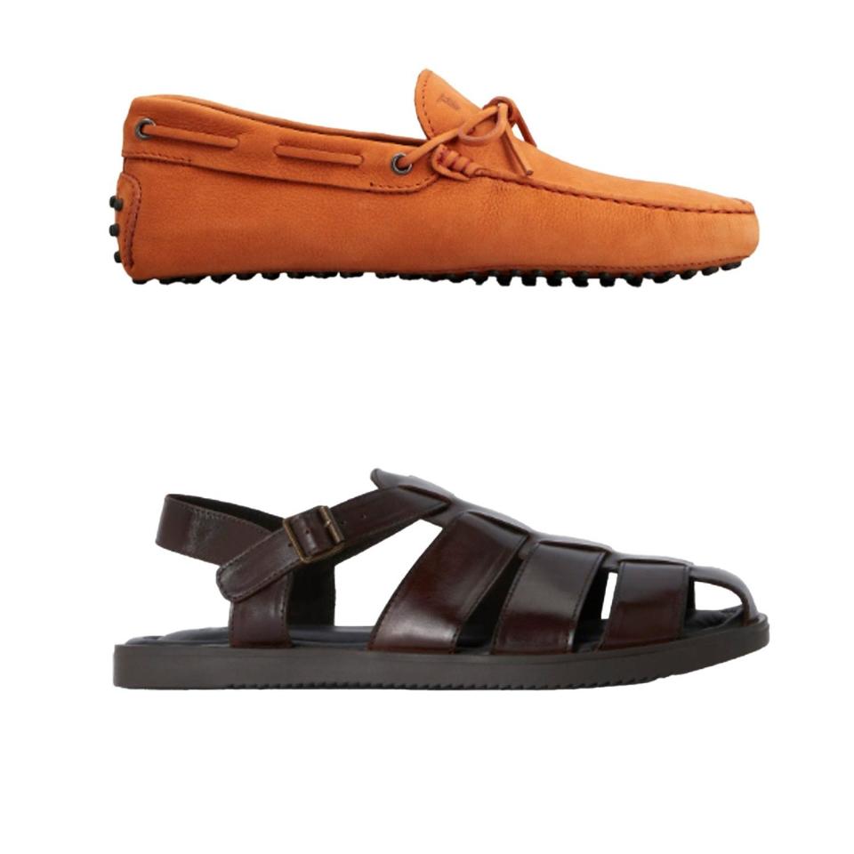 Leather fishing sandals, £49, John Lewis;  Gommino riding boots, £510, Tod's